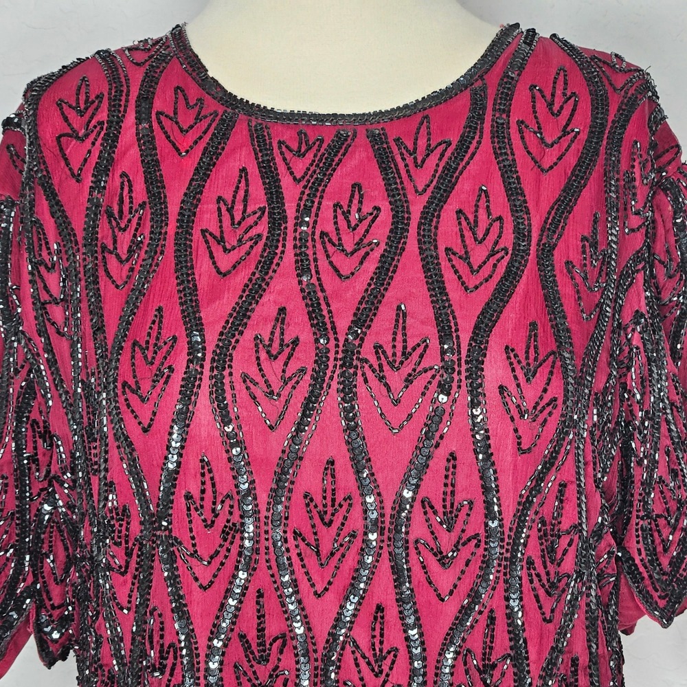 Stenay Petite Vintage Beaded Sequin Silk Blouse Burgundy‎ Black Scalloped PL - Picture 2 of 10